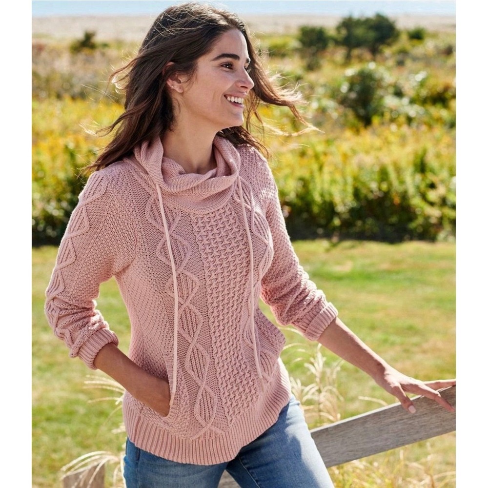LL Bean Signature Cable Knit Sweater Funnelneck Cotton Pink Lrg Fisherman Preppy